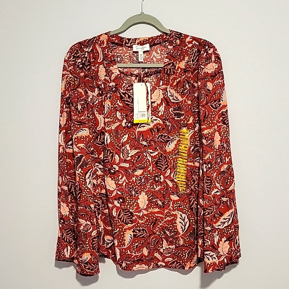 Jessica Simpson Leslie Boho Long Flare Sleeve Tunic Vneck Tie Paisley Medium NWT